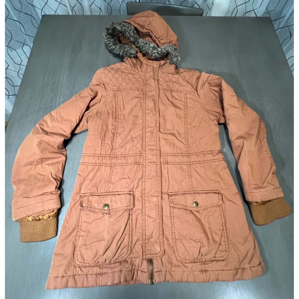 Mossimo Supply Co Womens Rust Utility Parka Faux Fur Hood Jacket Orange Medium